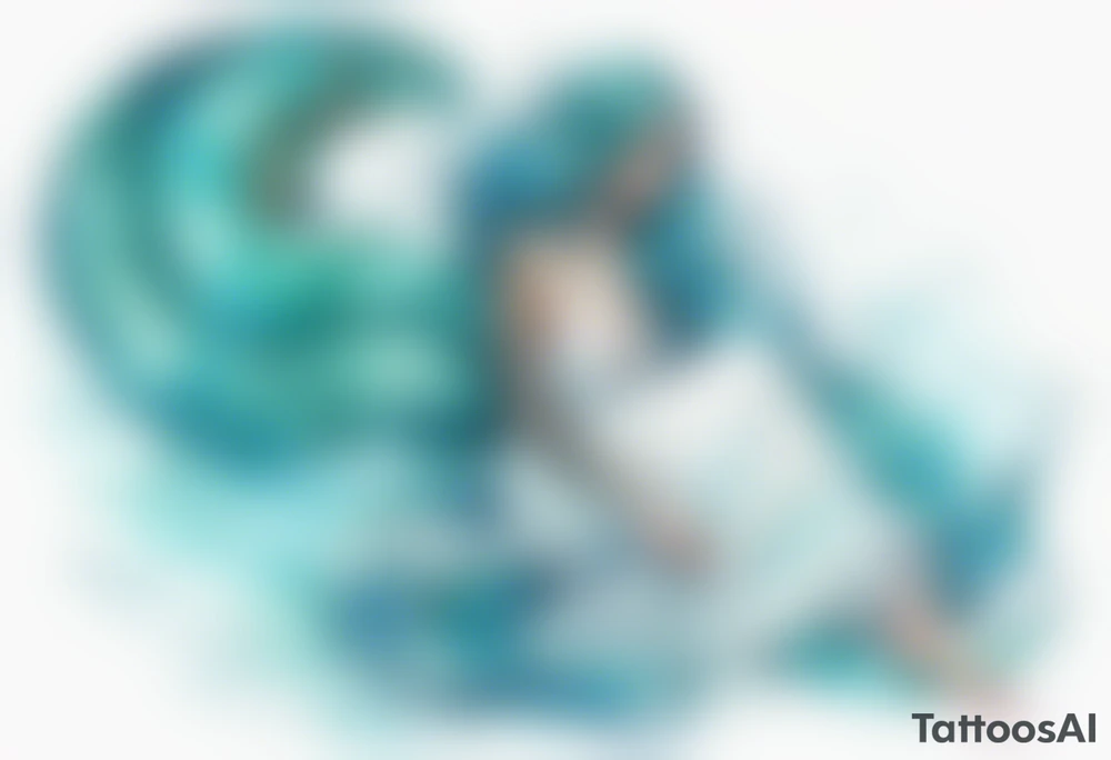 A beautiful undine with turquois scales wearing a white robe, laying on the shore tattoo idea