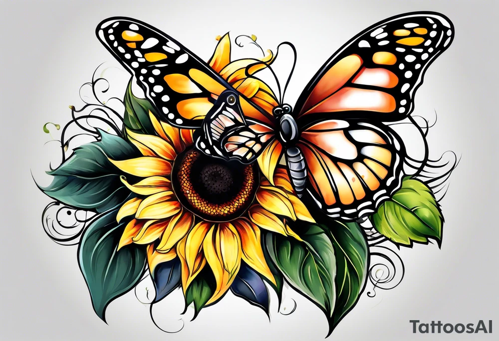Half butterfly half sunflower tattoo idea
