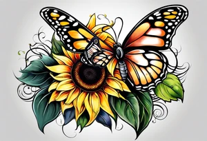 Half butterfly half sunflower tattoo idea