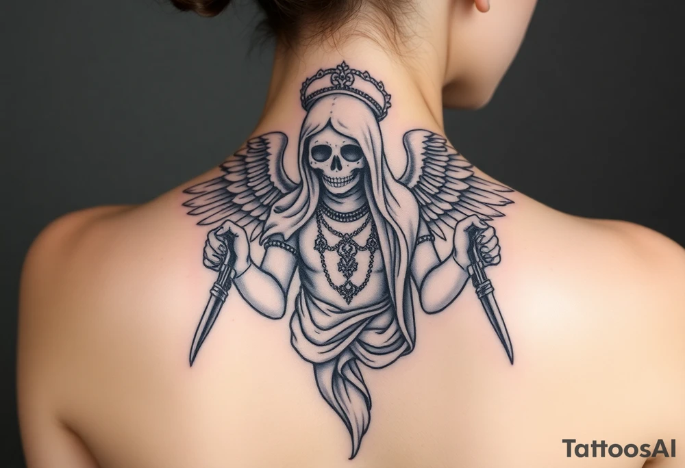 old angel statue (Santa Muerte style) criminal style tattooed and at the same time contemporary, weapons in hand, gangster-style gold necklaces tattoo idea