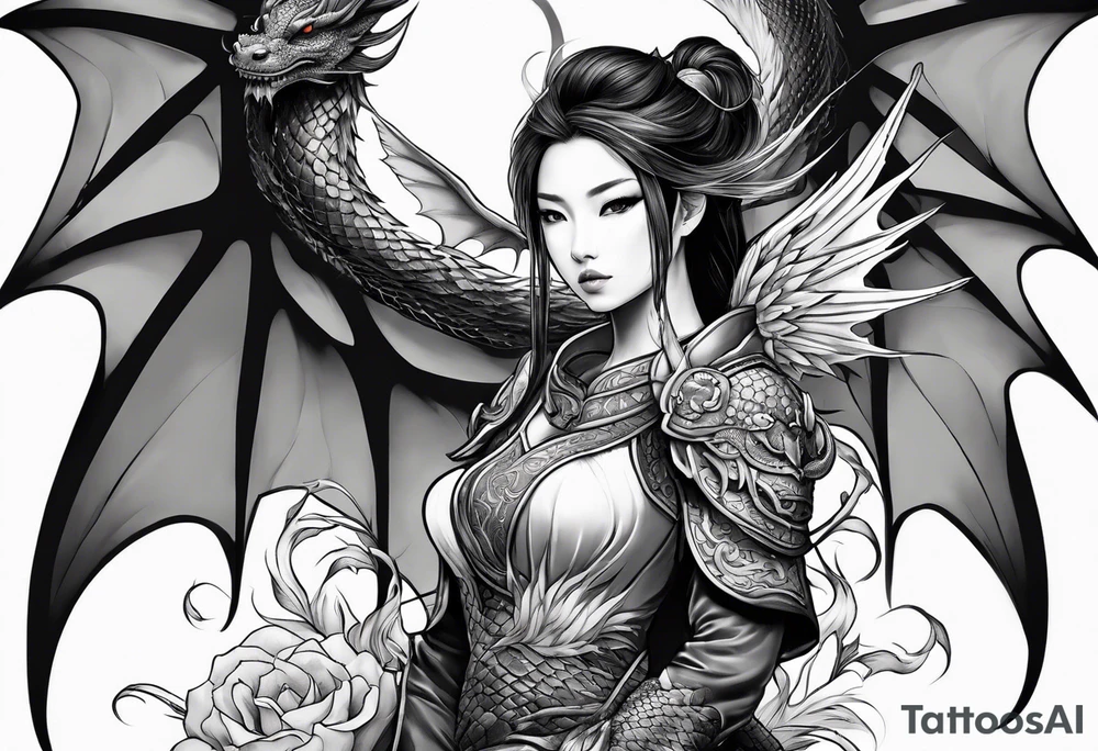 beautiful warrior nymph with dragon wings and dragon friend tattoo idea