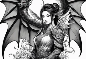 beautiful warrior nymph with dragon wings and dragon friend tattoo idea