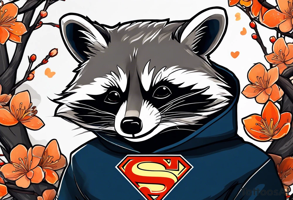 Raccoon wearing a white Superman logo on a black hoodie and orange Japanese cherry blossoms beside tattoo idea