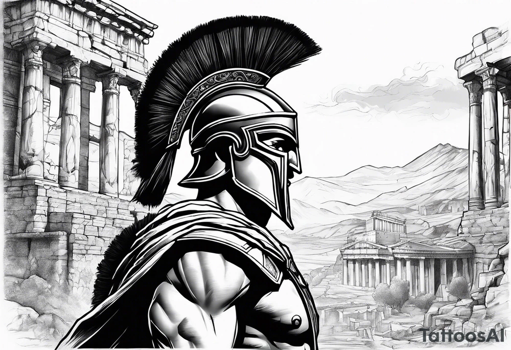 Side profile Spartan Solider ancient roman city far away tattoo idea