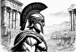 Side profile Spartan Solider ancient roman city far away tattoo idea