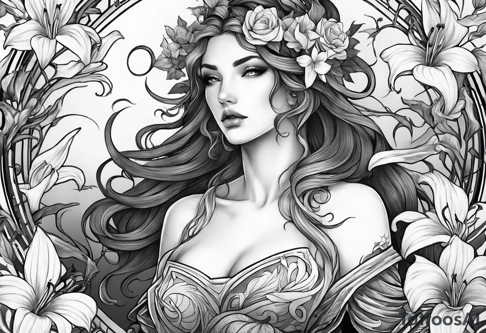 a side view of lilith holding a serpent and surrounded by lilies tattoo idea