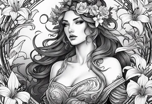 a side view of lilith holding a serpent and surrounded by lilies tattoo idea