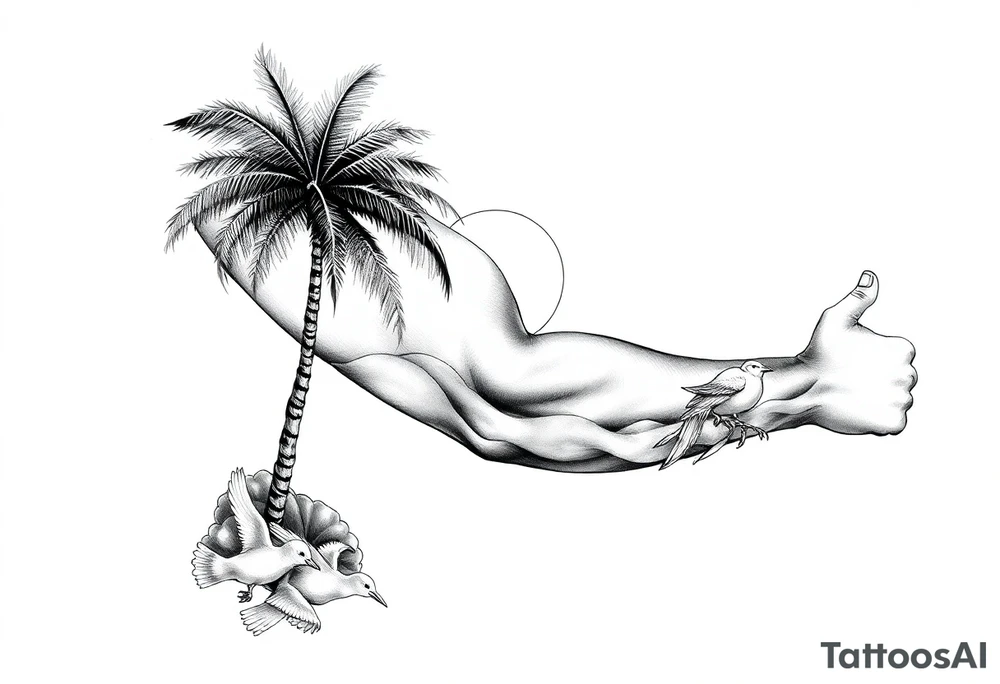 palm tree, sun, beach, birds tattoo idea
