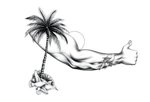 palm tree, sun, beach, birds tattoo idea
