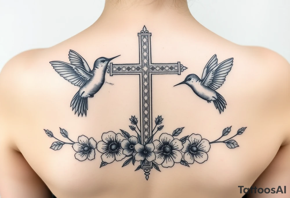cross surrounded by hummingbirds and flowers tattoo idea