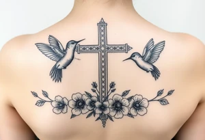cross surrounded by hummingbirds and flowers tattoo idea