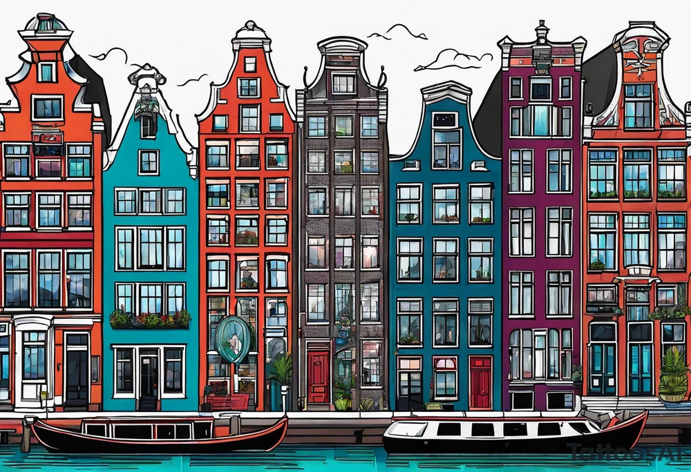 Amsterdam buildings and canal featuring animals in galaxy colours featuring glass pineapples tattoo idea
