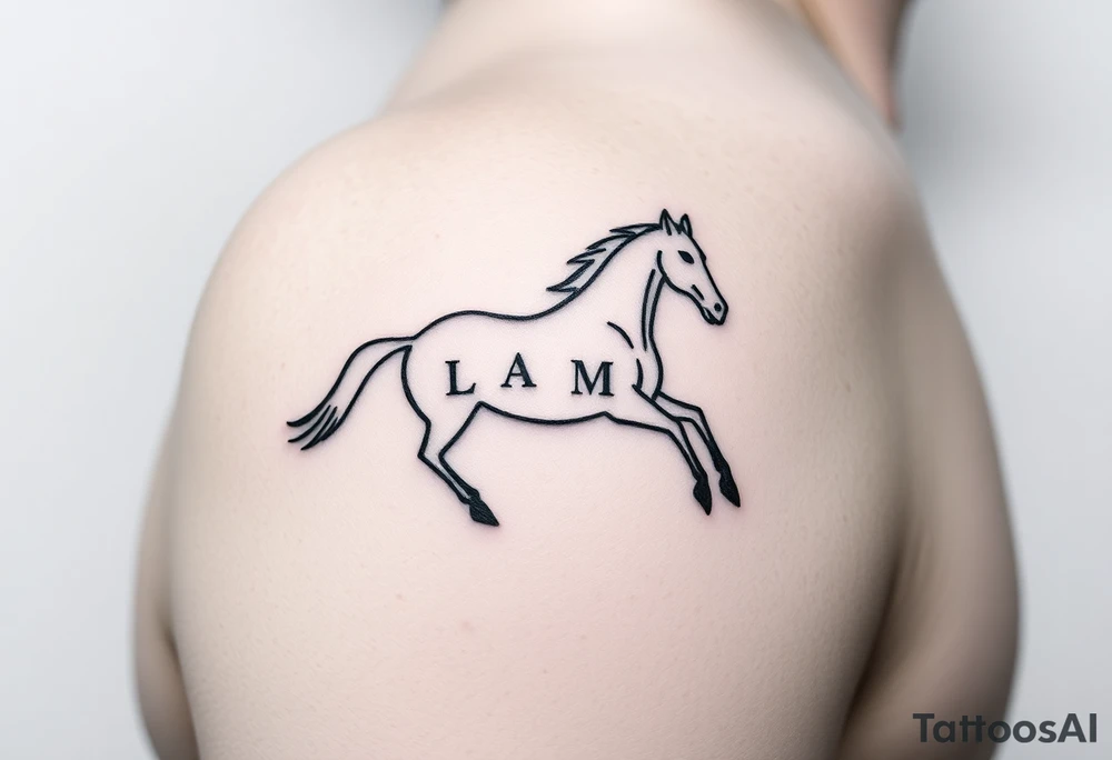 horse silhouette 
from the front which gallops from the front, with the 3 small letters discreetly integrated: L, A, M tattoo idea