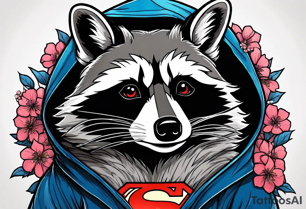 Raccoon wearing a Superman hoodie and Japanese cherry blossoms tattoo idea