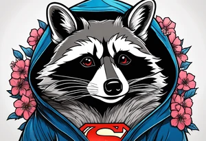 Raccoon wearing a Superman hoodie and Japanese cherry blossoms tattoo idea