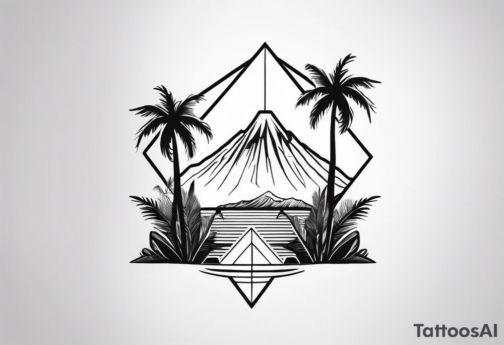 Fineline style. Thin and tall palmtree with a geometrical volcano in the back tattoo idea