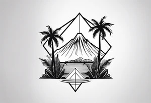 Fineline style. Thin and tall palmtree with a geometrical volcano in the back tattoo idea