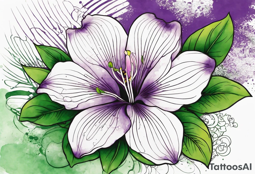 An outline of a rio dipladenia flower with green/purple pedals and a green/purple watercolor splash in the background tattoo idea