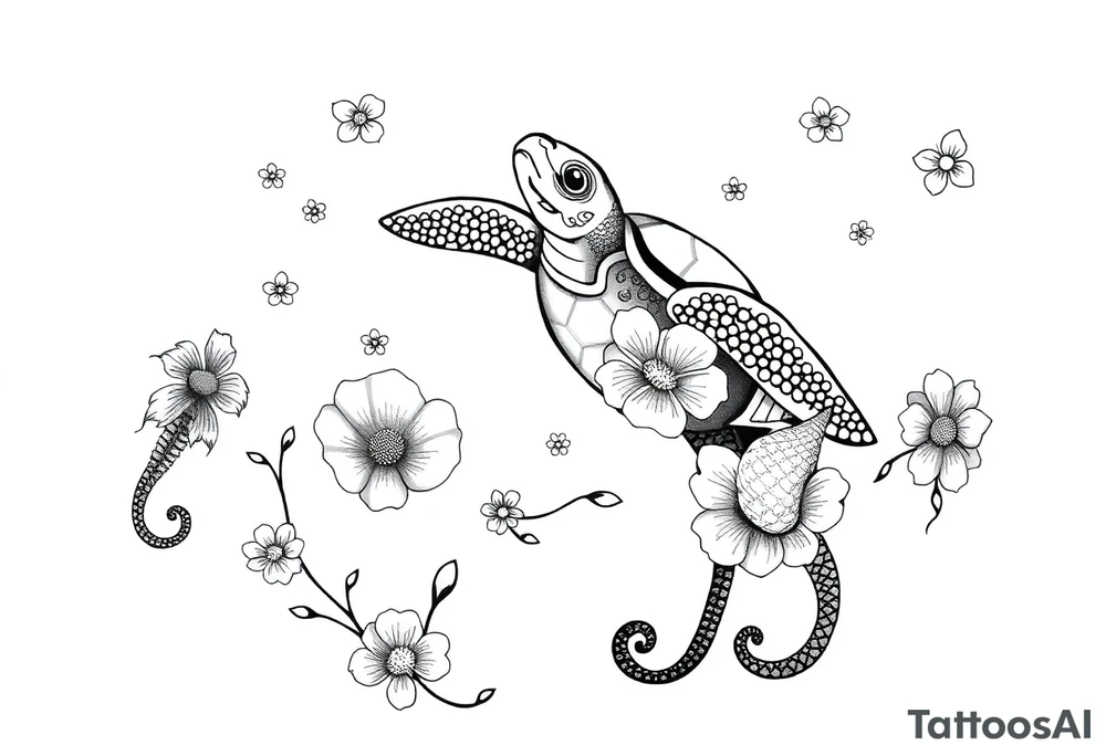 Underwater Flowers shells turtle seahorse bubbles jellyfish feminine tattoo idea