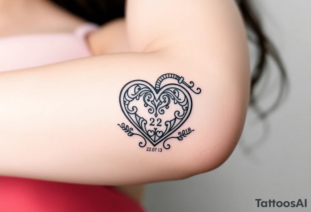 A realistic heart-shaped lock with an ornate key, decorated with filigree patterns, with wedding date 22. 07. 2018 tattoo idea