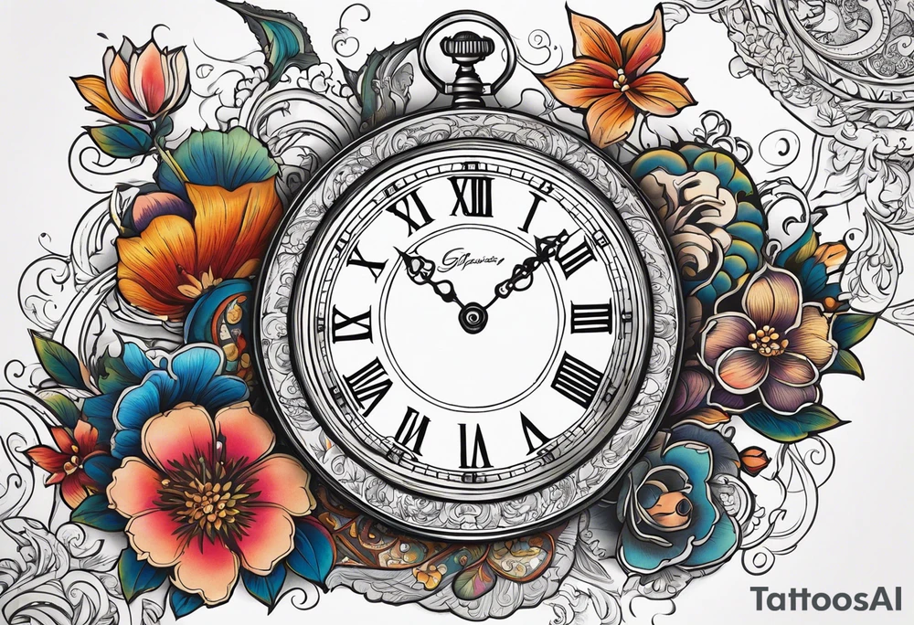 Floral, paisley, witch, 3 pocket watches, celestial tattoo idea