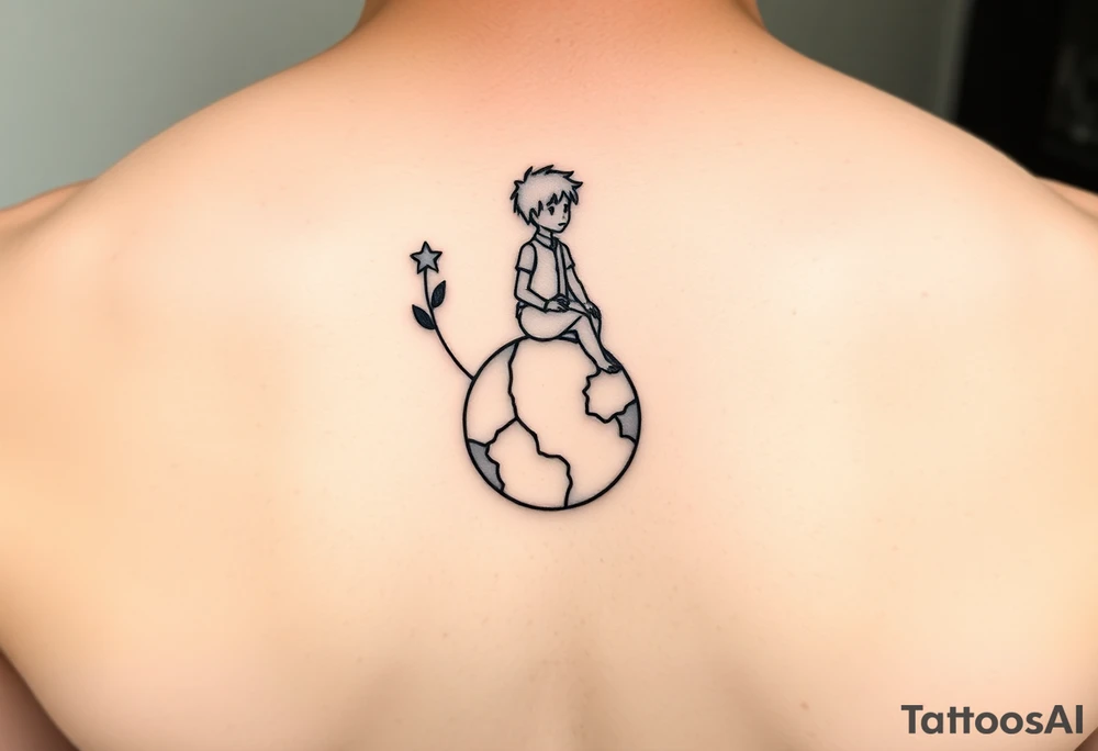 A minimalist, masculine silhouette of The Little Prince sitting calmly on a small cracked planet. The broken clock is represented by a simple partial clock face floating behind him. A single stylized flower grows from the planet’s surface. A small, simple star glows softly on his chest. The overall design uses clean, fine lines with minimal shading, focusing on simplicity and subtle symbolism. tattoo idea