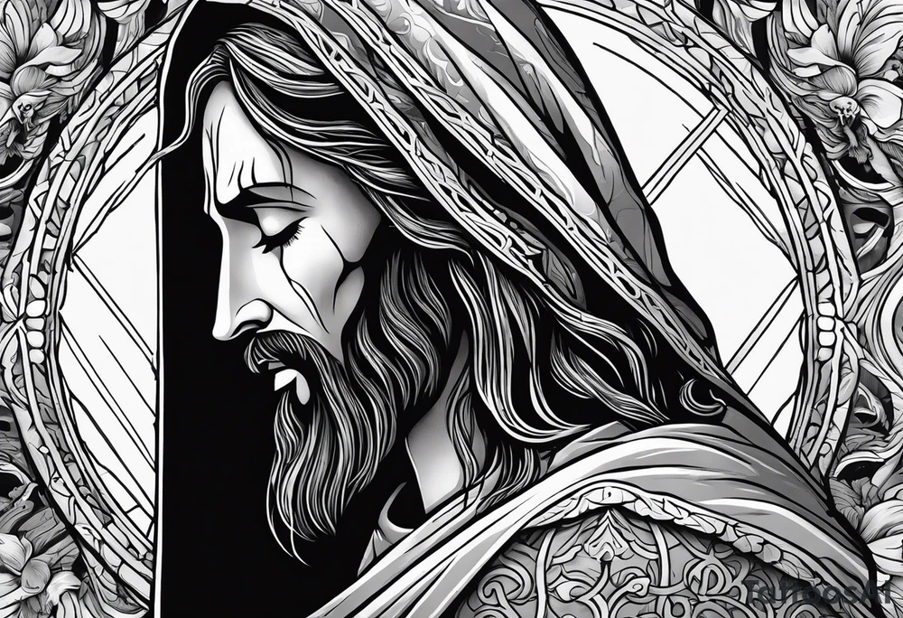 Jesus crying 3 tears one small one medium and one large in the large tear there is the god of death and all around the 3 year drops there is skeletons and dead people tattoo idea