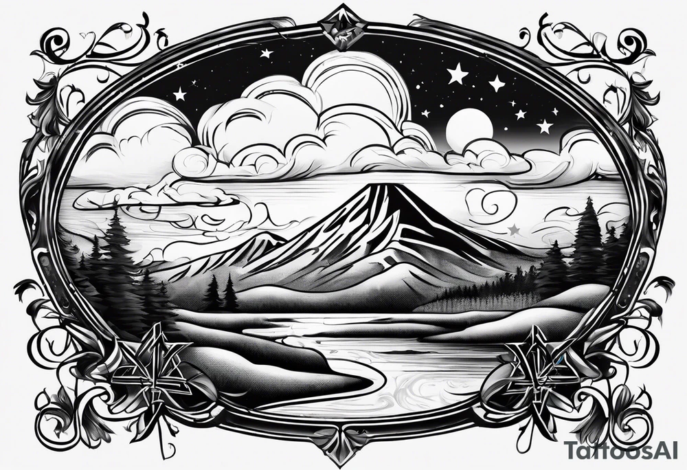 CARLISLE spelled out in cursive with cloud shading behind it and two stars with the initials TC and EC in each of them. tattoo idea