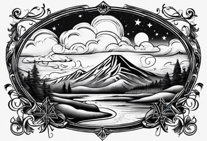 CARLISLE spelled out in cursive with cloud shading behind it and two stars with the initials TC and EC in each of them. tattoo idea