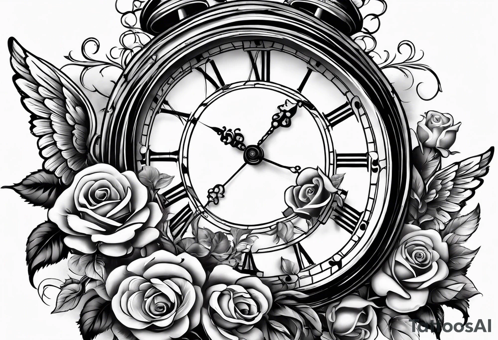 Half sleeve on arm of beautiful old fashion clock with roses, cherubs, angels, and the name chase Peter in a scroll tattoo idea