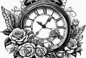 Half sleeve on arm of beautiful old fashion clock with roses, cherubs, angels, and the name chase Peter in a scroll tattoo idea