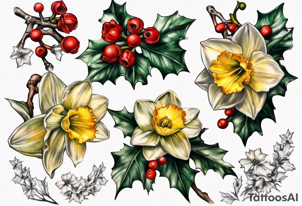 OAKLEE with Narcissus and holly flowers tattoo idea
