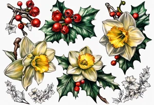 OAKLEE with Narcissus and holly flowers tattoo idea