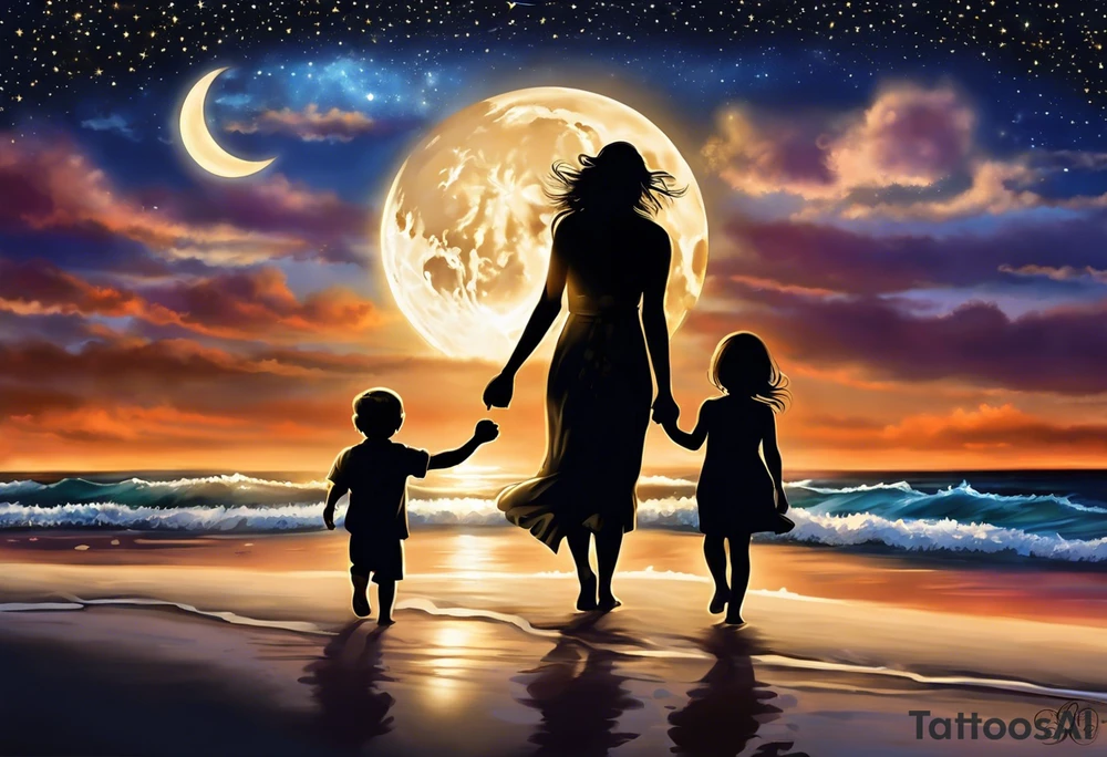 Create a stunning image of a realistic tattoo design that features a husband and wife holding hands, accompanied by their two children, walking along a beautiful beach. The moon shines radiantly in the night sky, illuminating the serene scene. Let your creativity flourish as you envision the intricate details that bring this tattoo to life, encapsulating the essence of love, family, and the awe-inspiring beauty of nature. tattoo idea