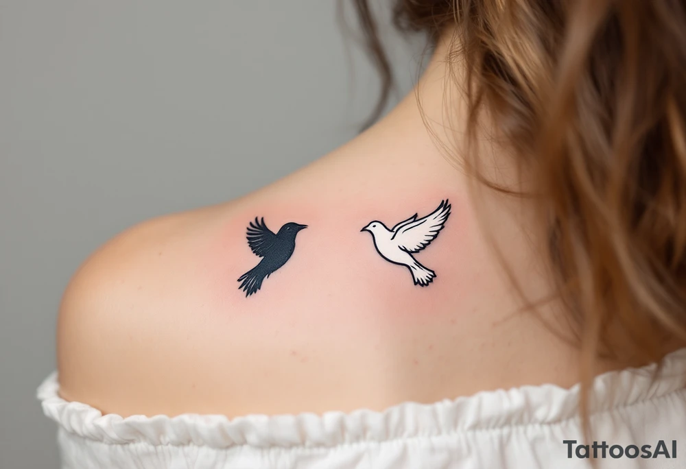 One partner wears a black crow in flight, and the other a white dove, symbolizing unity through contrast. tattoo idea