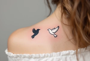One partner wears a black crow in flight, and the other a white dove, symbolizing unity through contrast. tattoo idea