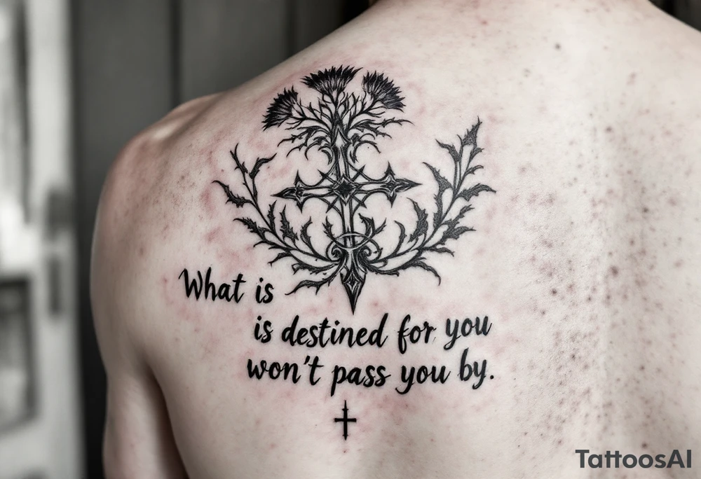 include the Scottish Gaelic translation of, "What is destined for you won't pass you by" and the Scottish thistle along with a Scottish Celtic cross. To be tattooed on the forearm tattoo idea