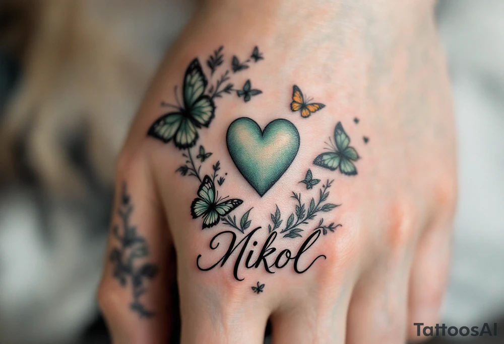 A pastel green heart with butterflies and Nikol written in elegant lowercase. tattoo idea