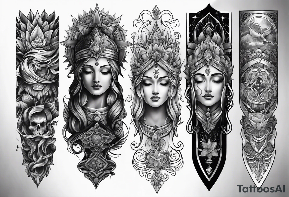religious arm sleeve tattoo idea