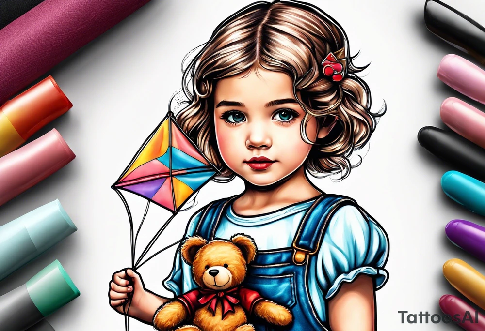 back image of a little girl in a dress, holding a kite , a teddy bear in overalls standing beside her tattoo idea