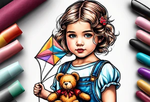back image of a little girl in a dress, holding a kite , a teddy bear in overalls standing beside her tattoo idea