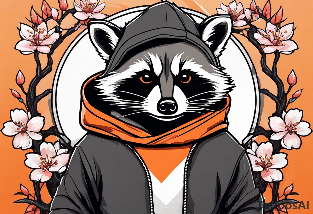 Raccoon wearing a white Superman logo on a black hoodie and orange Japanese cherry blossoms beside tattoo idea