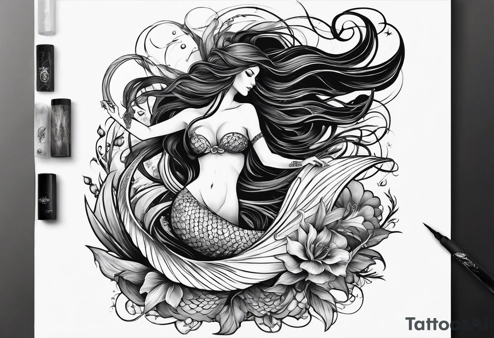 mystical sultery
 mermaid with long 
flowing tail and hair, tattoo sleeve tattoo idea