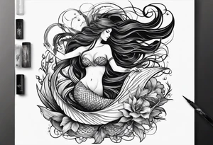mystical sultery
 mermaid with long 
flowing tail and hair, tattoo sleeve tattoo idea