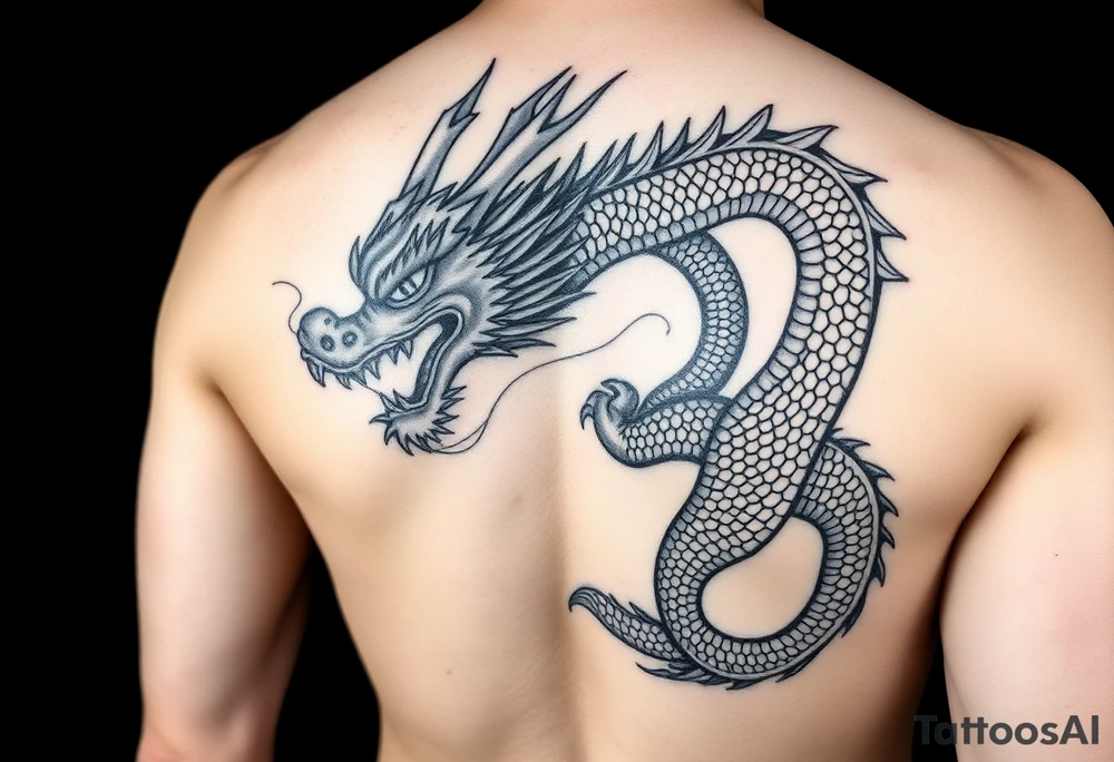 “Create a detailed black-and-gray dragon tattoo design covering the hand and forearm. The design should include intricate scales, fierce eyes, and a bold, flowing style. The dragon’s head should start at the hand, with its body coiling up the forearm. Ensure the shading is rich and dynamic, emphasizing depth and texture, with traditional Asian tattoo art influences.” tattoo idea