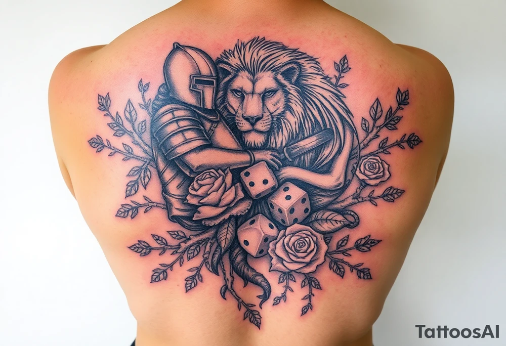 knight and Lion intertwined with tree roots and roses rolling dice tattoo idea