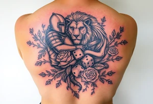 knight and Lion intertwined with tree roots and roses rolling dice tattoo idea