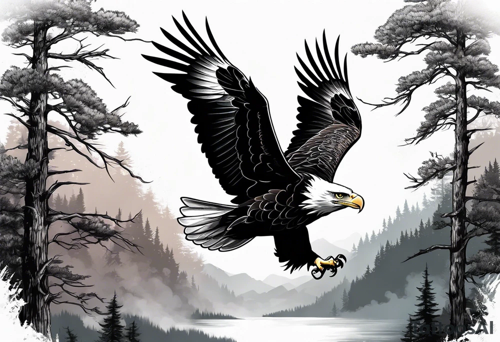 Eagle flying over trees tattoo idea