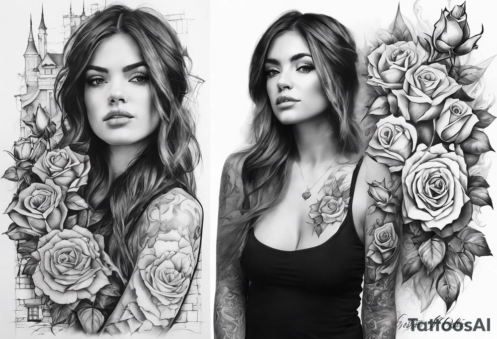 fool sleeve,, abandoned old gotic house, broken sword, roses, tattoo idea