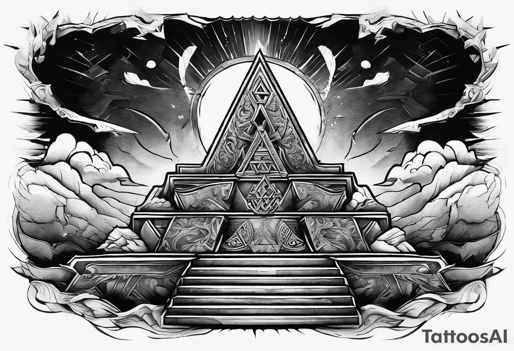 Valhalla stairs 
Valhalla stairs sword shield  axe 
Valknut  ruins lightnings tattoo idea